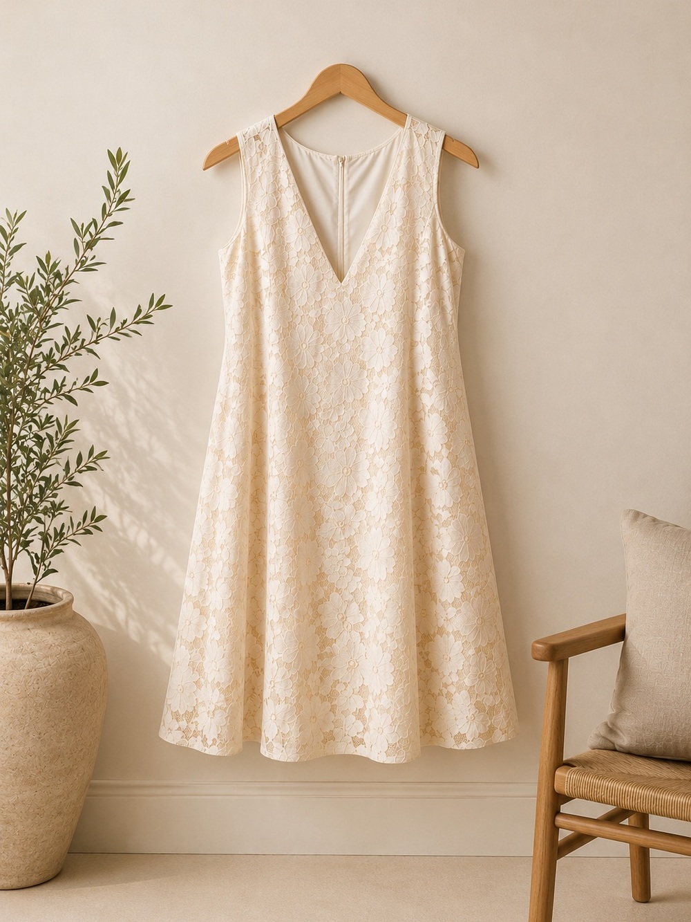 NWT Donna Karan ecru lace overlay A-line sleeveless dress 12